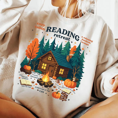 Cozy Cabin Reading Retreat Short Sleeve Shirt, Fall Bookish Tee, Autumn Cozy Readers Short Sleeve Shirt, Pumpkin Spice Book Short Sleeve Shirt