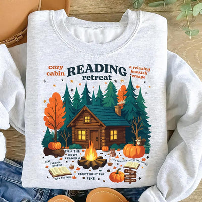 Cozy Cabin Reading Retreat Sweatshirt, Fall Bookish SweatShirt, Autumn Cozy Readers SweatShirt, Pumpkin Spice Book SweatShirt