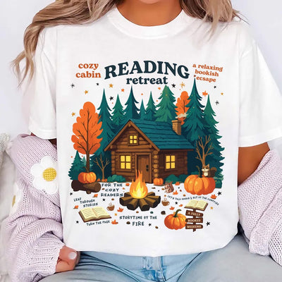 Cozy Cabin Reading Retreat Short Sleeve Shirt, Fall Bookish Tee, Autumn Cozy Readers Short Sleeve Shirt, Pumpkin Spice Book Short Sleeve Shirt