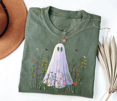 Cute Ghost in Wildflowers Short Sleeve Shirt, Spooky Fall Aesthetic Tee, Retro Halloween Floral Short Sleeve Shirt