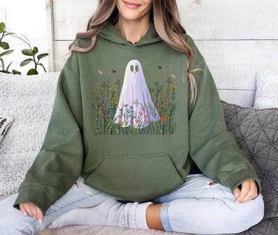Cute Ghost in Wildflowers Hoodie, Spooky Fall Aesthetic Hoodie, Retro Halloween Floral Hoodie