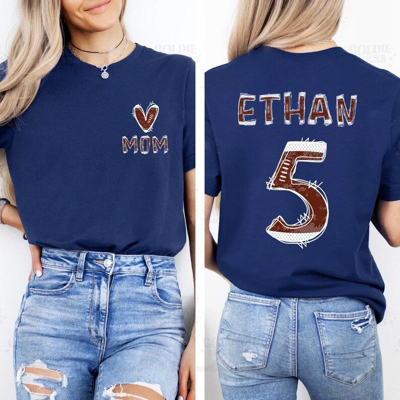 Custom Football Mom Short Sleeve Shirt, Football Season Mama Short Sleeve Shirt, Football Kids Name, Jersey Number Tee, Unisex Game Day Short Sleeve Shirt