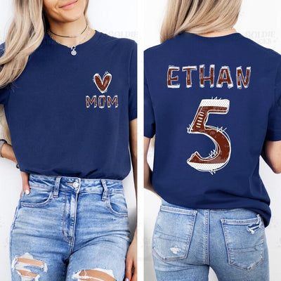 Custom Football Mom Short Sleeve Shirt, Football Season Mama Short Sleeve Shirt, Football Kids Name, Jersey Number Tee, Unisex Game Day Short Sleeve Shirt