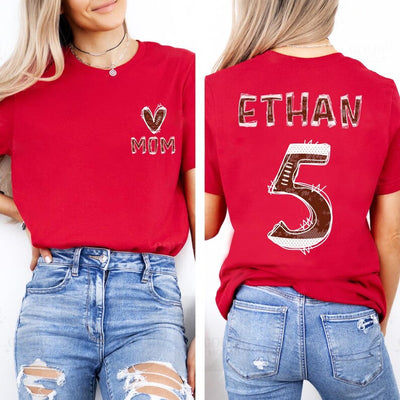 Custom Football Mom Short Sleeve Shirt, Football Season Mama Short Sleeve Shirt, Football Kids Name, Jersey Number Tee, Unisex Game Day Short Sleeve Shirt