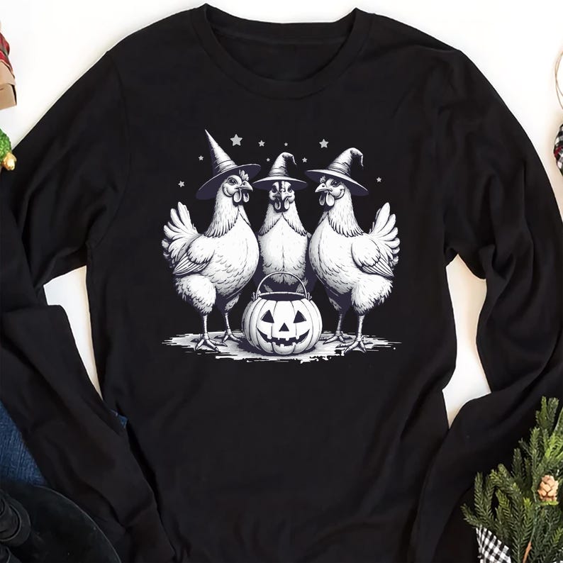 Chicken Witches Funny Halloween Long Sleeve Shirt, Vintage Chicken Witch Long Sleeve Shirt, Women Halloween Gift