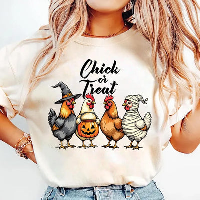 Chick Or Treat Short Sleeve Shirt, Halloween Chicken Tee, Funny Fall Short Sleeve Shirt, Cute Halloween Chicken Top, Trick Or Treat Unisex Short Sleeve Shirt
