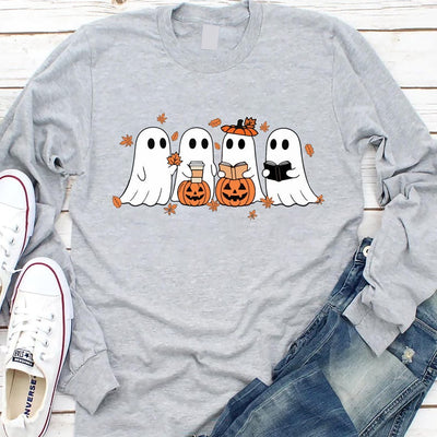 Fall Ghost Long Sleeve Shirt, Floral Ghost Long Sleeve Shirt, Halloween Ghost Top, Flower Halloween Long Sleeve Shirt