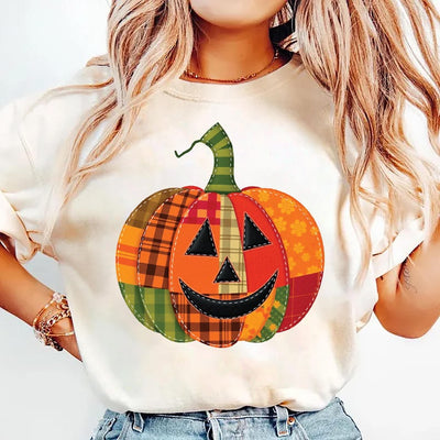 Patchwork Pumpkin Short Sleeve Shirt, Halloween Patchwork Tee, Cute Jack-o’-Lantern Top, Unisex Fall Pumpkin Short Sleeve Shirt
