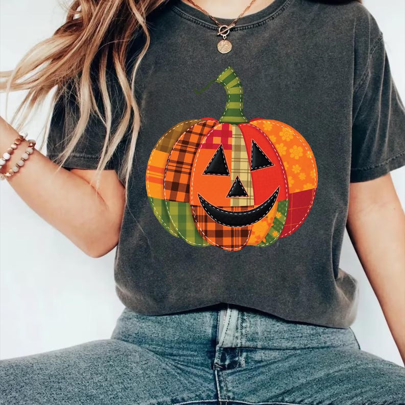 Patchwork Pumpkin Short Sleeve Shirt, Halloween Patchwork Tee, Cute Jack-o’-Lantern Top, Unisex Fall Pumpkin Short Sleeve Shirt