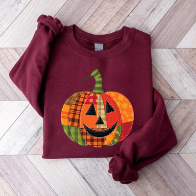 Patchwork Pumpkin Sweatshirt, Halloween Patchwork SweatShirt, Cute Jack-o’-Lantern Top, Unisex Fall Pumpkin SweatShirt