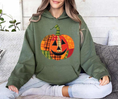 Patchwork Pumpkin Hoodie, Halloween Patchwork Hoodie, Cute Jack-o’-Lantern Top, Unisex Fall Pumpkin Hoodie