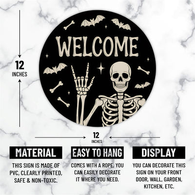 Halloween Skull Welcome Door Sign 12", Skeleton Front Porch Sign, Spooky Indoor Outdoor Decor, Farmhouse Halloween Wall or Window Sign
