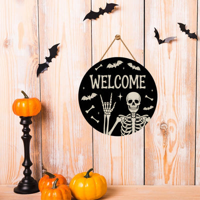 Halloween Skull Welcome Door Sign 12", Skeleton Front Porch Sign, Spooky Indoor Outdoor Decor, Farmhouse Halloween Wall or Window Sign