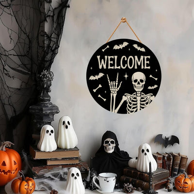 Halloween Skull Welcome Door Sign 12", Skeleton Front Porch Sign, Spooky Indoor Outdoor Decor, Farmhouse Halloween Wall or Window Sign
