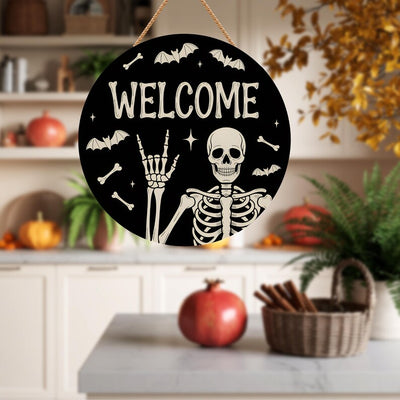 Halloween Skull Welcome Door Sign 12", Skeleton Front Porch Sign, Spooky Indoor Outdoor Decor, Farmhouse Halloween Wall or Window Sign