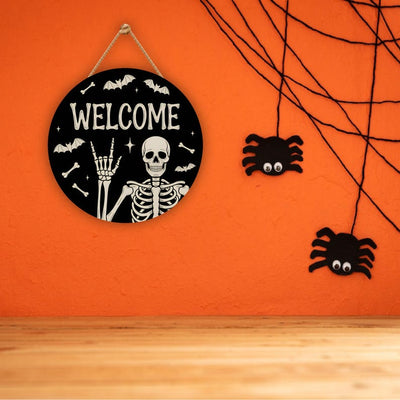 Halloween Skull Welcome Door Sign 12", Skeleton Front Porch Sign, Spooky Indoor Outdoor Decor, Farmhouse Halloween Wall or Window Sign
