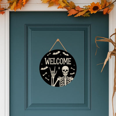 Halloween Skull Welcome Door Sign 12", Skeleton Front Porch Sign, Spooky Indoor Outdoor Decor, Farmhouse Halloween Wall or Window Sign