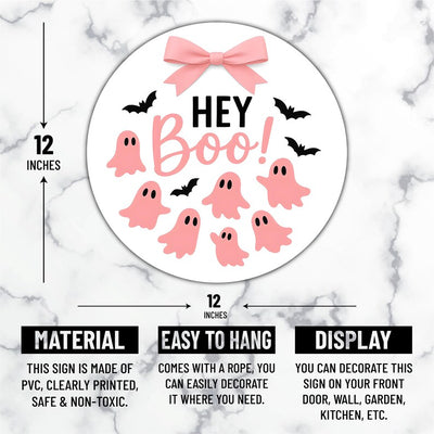 Pink Ghost Halloween Door Sign 12", Boo Hanging Porch Sign with Bows, Cute Farmhouse Wall Decor, Halloween Front Door Girl Aesthetic