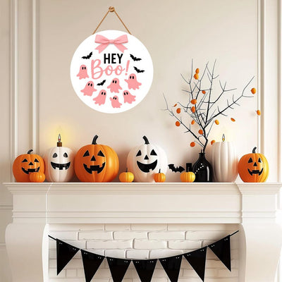 Pink Ghost Halloween Door Sign 12", Boo Hanging Porch Sign with Bows, Cute Farmhouse Wall Decor, Halloween Front Door Girl Aesthetic