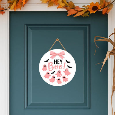 Pink Ghost Halloween Door Sign 12", Boo Hanging Porch Sign with Bows, Cute Farmhouse Wall Decor, Halloween Front Door Girl Aesthetic