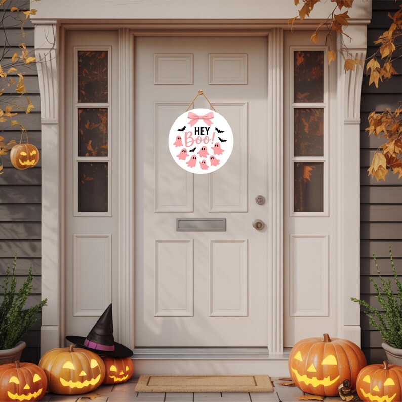 Pink Ghost Halloween Door Sign 12", Boo Hanging Porch Sign with Bows, Cute Farmhouse Wall Decor, Halloween Front Door Girl Aesthetic