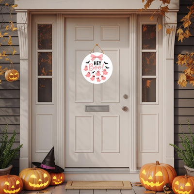 Pink Ghost Halloween Door Sign 12", Boo Hanging Porch Sign with Bows, Cute Farmhouse Wall Decor, Halloween Front Door Girl Aesthetic