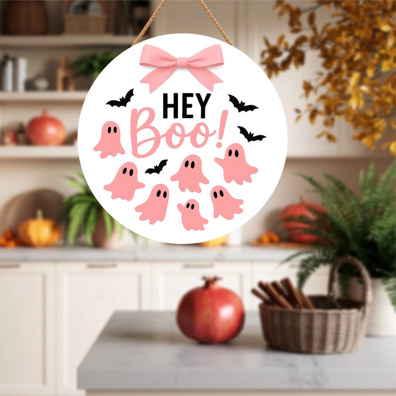 Pink Ghost Halloween Door Sign 12", Boo Hanging Porch Sign with Bows, Cute Farmhouse Wall Decor, Halloween Front Door Girl Aesthetic
