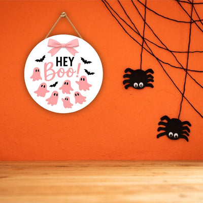 Pink Ghost Halloween Door Sign 12", Boo Hanging Porch Sign with Bows, Cute Farmhouse Wall Decor, Halloween Front Door Girl Aesthetic