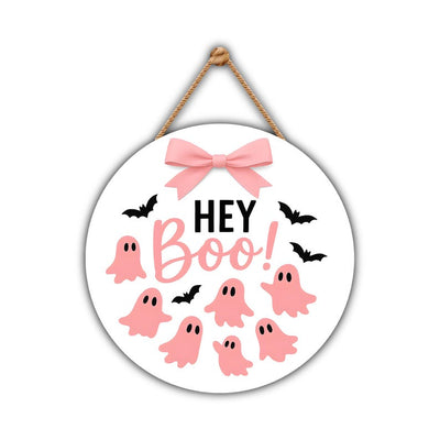 Pink Ghost Halloween Door Sign 12", Boo Hanging Porch Sign with Bows, Cute Farmhouse Wall Decor, Halloween Front Door Girl Aesthetic