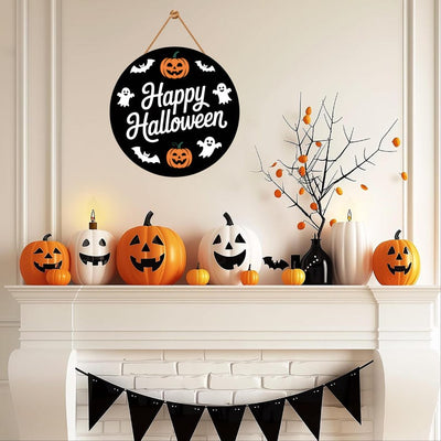 Cute Ghost Pumpkin Bat Halloween Door Sign 12", Hanging Front Door Hanger, Indoor Wall Decor for Home, Spooky Halloween Decorations