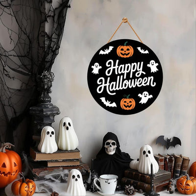 Cute Ghost Pumpkin Bat Halloween Door Sign 12", Hanging Front Door Hanger, Indoor Wall Decor for Home, Spooky Halloween Decorations