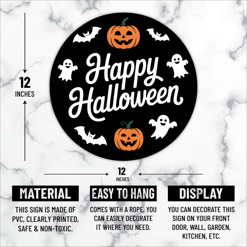 Cute Ghost Pumpkin Bat Halloween Door Sign 12", Hanging Front Door Hanger, Indoor Wall Decor for Home, Spooky Halloween Decorations