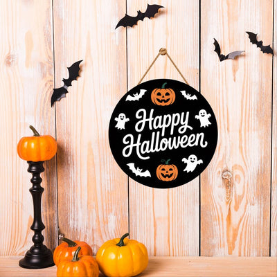 Cute Ghost Pumpkin Bat Halloween Door Sign 12", Hanging Front Door Hanger, Indoor Wall Decor for Home, Spooky Halloween Decorations