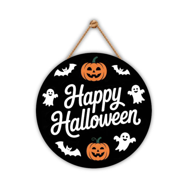 Cute Ghost Pumpkin Bat Halloween Door Sign 12", Hanging Front Door Hanger, Indoor Wall Decor for Home, Spooky Halloween Decorations