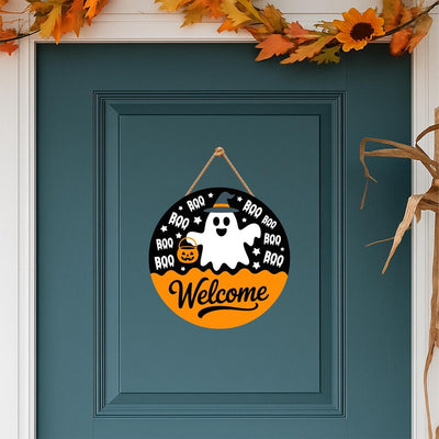 Hey Boo Ghost Halloween Door Sign 12", Cute Farmhouse Welcome Wall Hanger, Indoor Outdoor Porch Decor, Holiday Party Decorations