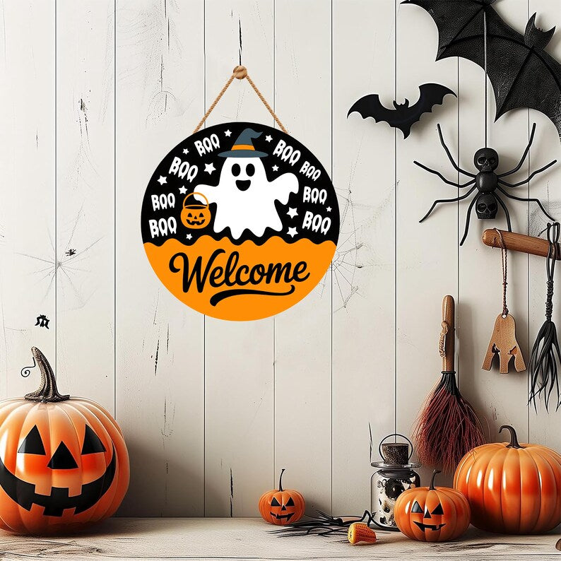 Hey Boo Ghost Halloween Door Sign 12", Cute Farmhouse Welcome Wall Hanger, Indoor Outdoor Porch Decor, Holiday Party Decorations