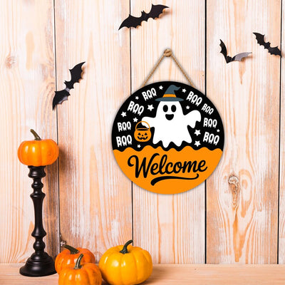 Hey Boo Ghost Halloween Door Sign 12", Cute Farmhouse Welcome Wall Hanger, Indoor Outdoor Porch Decor, Holiday Party Decorations