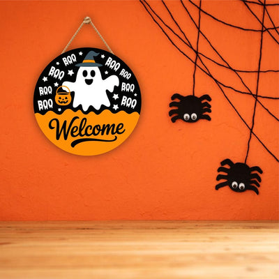 Hey Boo Ghost Halloween Door Sign 12", Cute Farmhouse Welcome Wall Hanger, Indoor Outdoor Porch Decor, Holiday Party Decorations