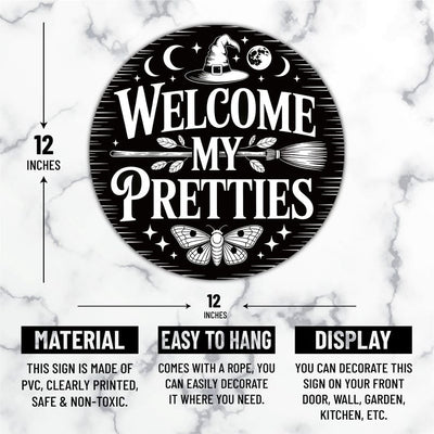 Witch Welcome Front Door Sign 12", Welcome My Pretties Hanging Porch Decor, Gothic Witchy Halloween Sign for Home Entryway Wall