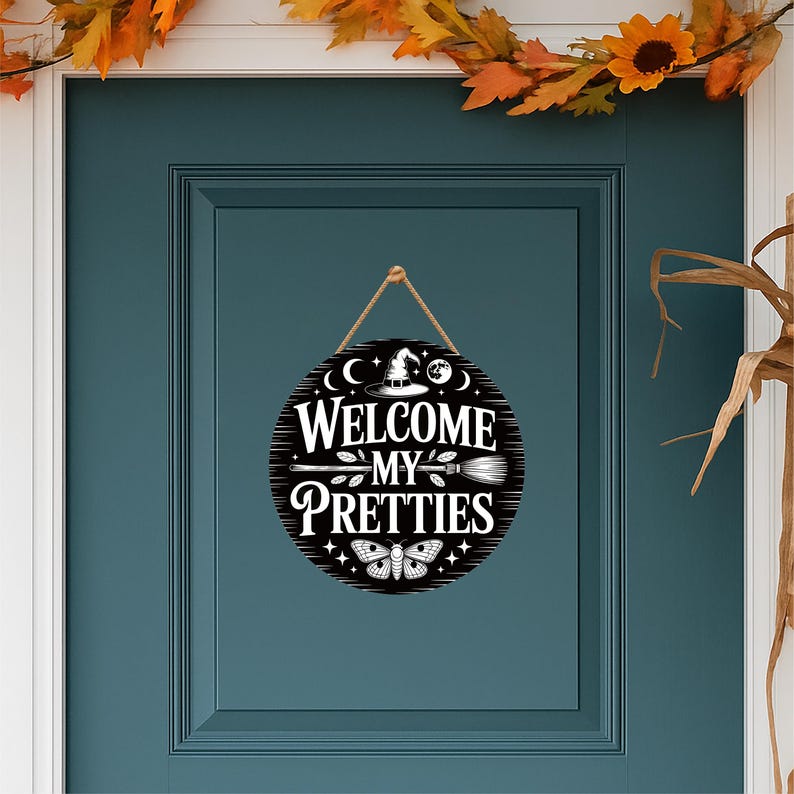 Witch Welcome Front Door Sign 12", Welcome My Pretties Hanging Porch Decor, Gothic Witchy Halloween Sign for Home Entryway Wall