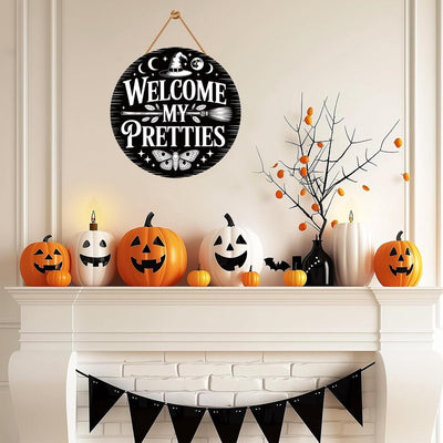 Witch Welcome Front Door Sign 12", Welcome My Pretties Hanging Porch Decor, Gothic Witchy Halloween Sign for Home Entryway Wall