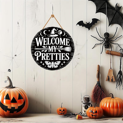 Witch Welcome Front Door Sign 12", Welcome My Pretties Hanging Porch Decor, Gothic Witchy Halloween Sign for Home Entryway Wall