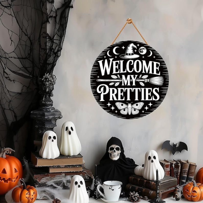 Witch Welcome Front Door Sign 12", Welcome My Pretties Hanging Porch Decor, Gothic Witchy Halloween Sign for Home Entryway Wall