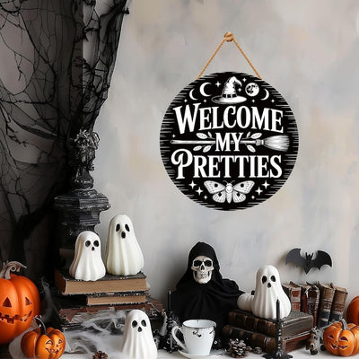 Witch Welcome Front Door Sign 12", Welcome My Pretties Hanging Porch Decor, Gothic Witchy Halloween Sign for Home Entryway Wall