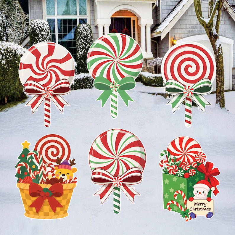 Christmas Candy Yard Signs, Lollipop Holiday Lawn Decorations with Stakes, Waterproof Outdoor Xmas Garden Patio Porch Walkway Party Décor