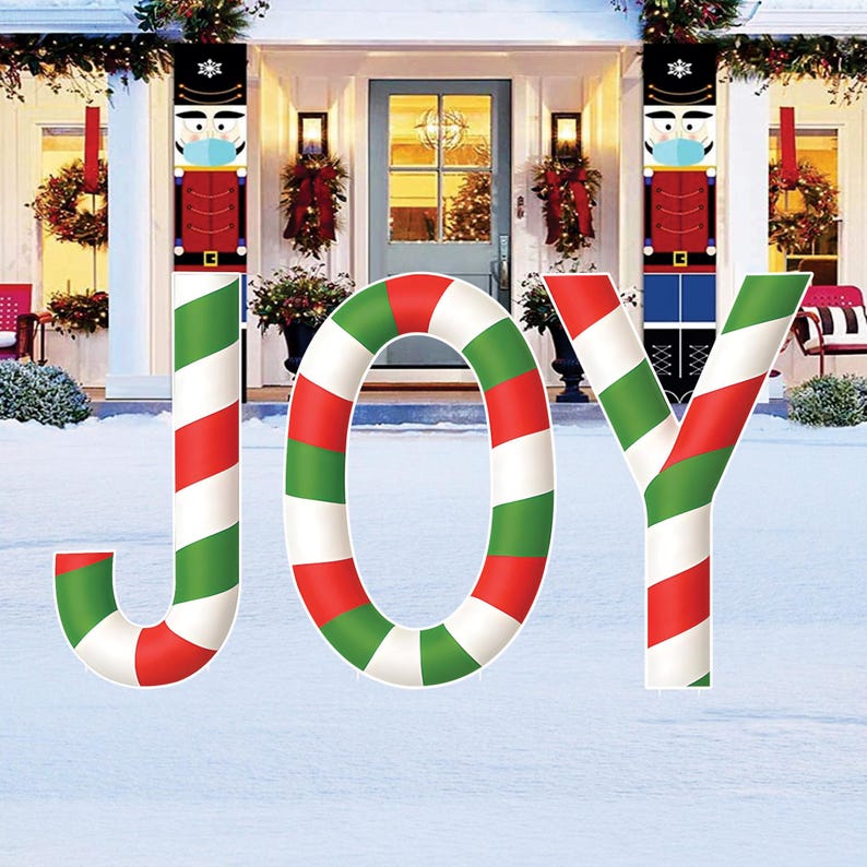 Christmas JOY Yard Sign, Candy Cane Striped Lawn Decoration with Stakes, Waterproof Outdoor Holiday Garden Patio Porch Walkway Xmas Décor