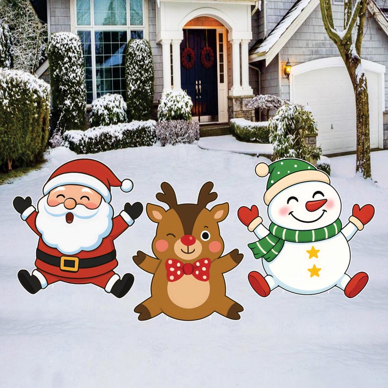 Santa Reindeer Snowman Yard Signs, Cute Christmas Lawn Decorations with Stakes, Waterproof Outdoor Holiday Garden Patio Pathway Décor