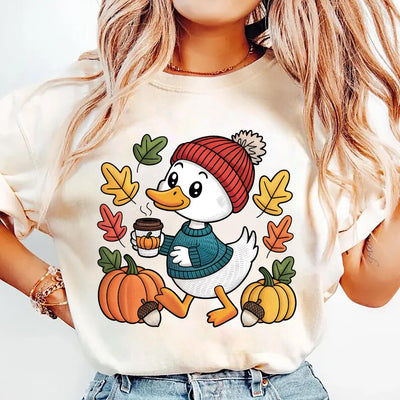 Trendy Cute Fall Duck Short Sleeve Shirt, Cozy Autumn Coffee Short Sleeve Shirt, Pumpkin Patch Duck Tee, Preppy Duck Short Sleeve Shirt