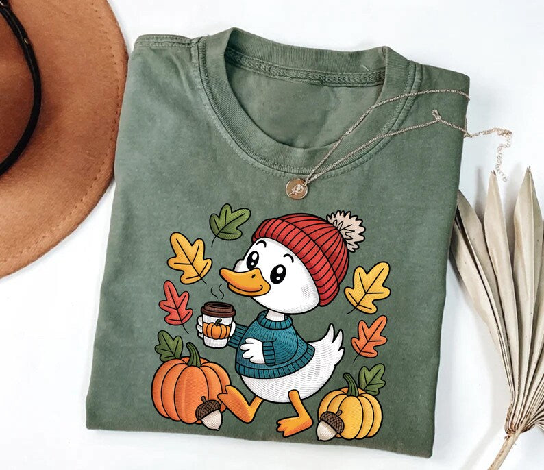 Trendy Cute Fall Duck Short Sleeve Shirt, Cozy Autumn Coffee Short Sleeve Shirt, Pumpkin Patch Duck Tee, Preppy Duck Short Sleeve Shirt