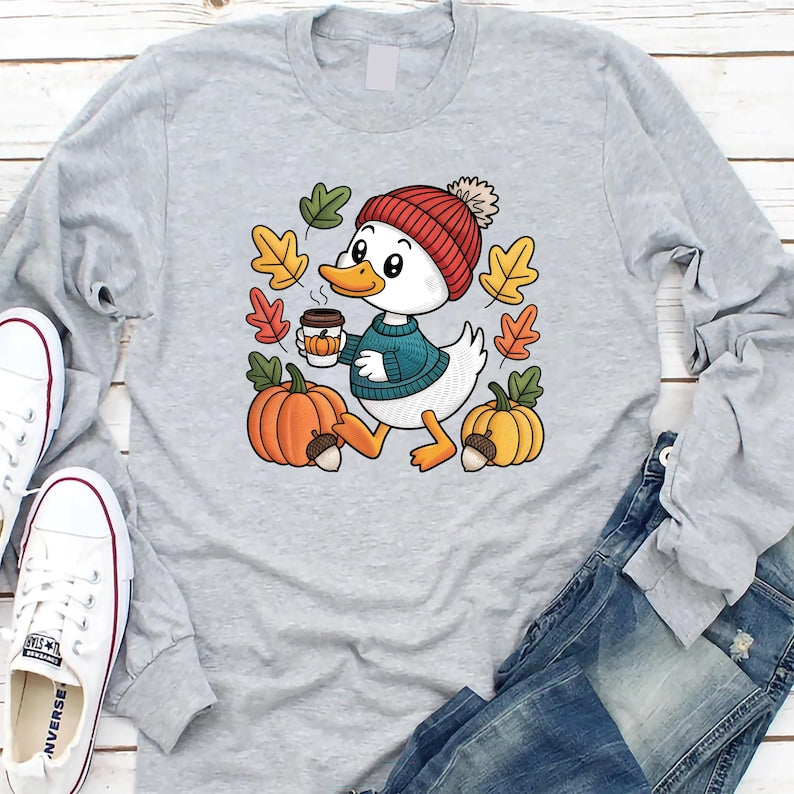 Trendy Cute Fall Duck Long Sleeve Shirt, Cozy Autumn Coffee Long  Sleeve Shirt, Pumpkin Patch Duck Long Sleeve Shirt